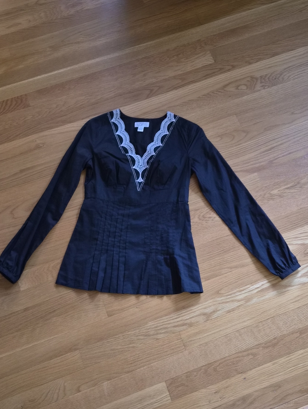 LOFT Black Long-Sleeve V-Neck Top with White Lace Trim